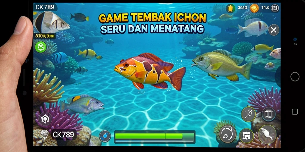 Tampilan dinamis gameplay CK789 saat menembak ikan.