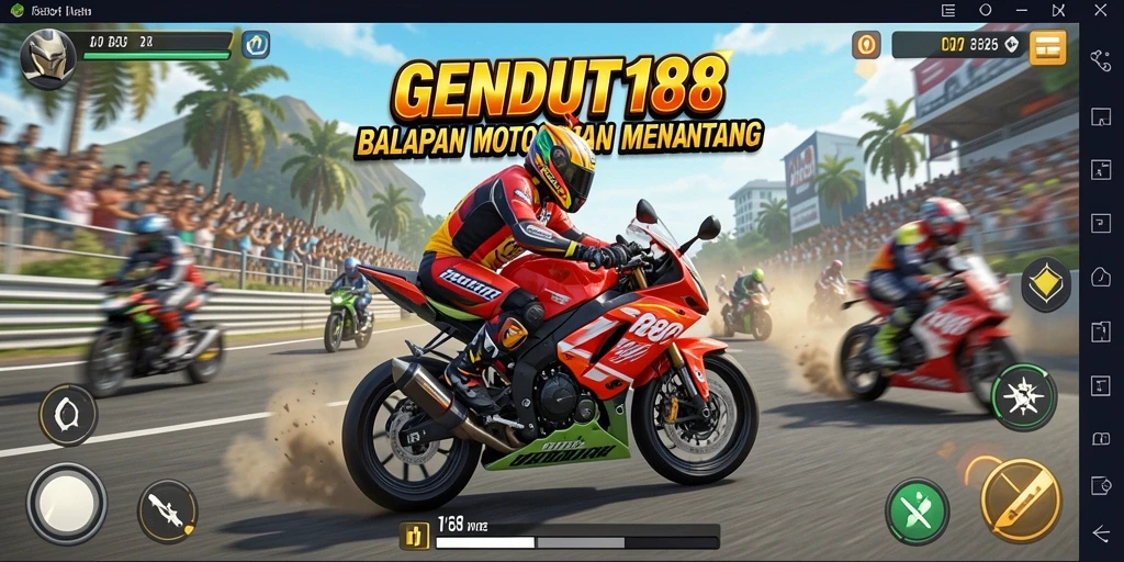 Gameplay seru GENDUT188 dengan aksi balapan motor yang intens.