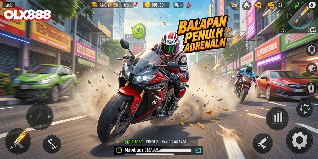 Screenshot gameplay menegangkan dari OLX888 dengan balapan motor.
