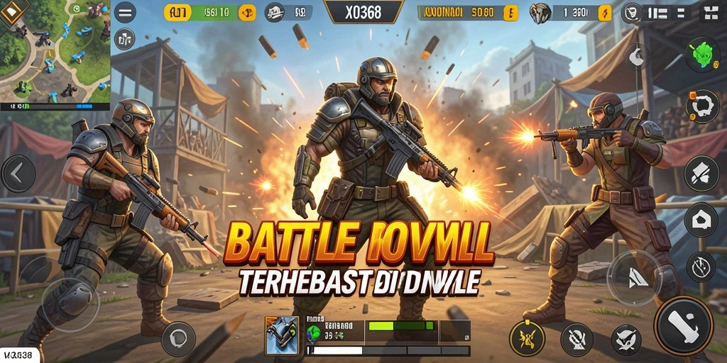 Screenshot gameplay menunjukkan pertempuran seru di arena Battle Royale.